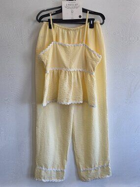NWT NO COMMENT 2 Piece Yellow Baby Doll Top and Pants with Rick-Rack Trim Large
